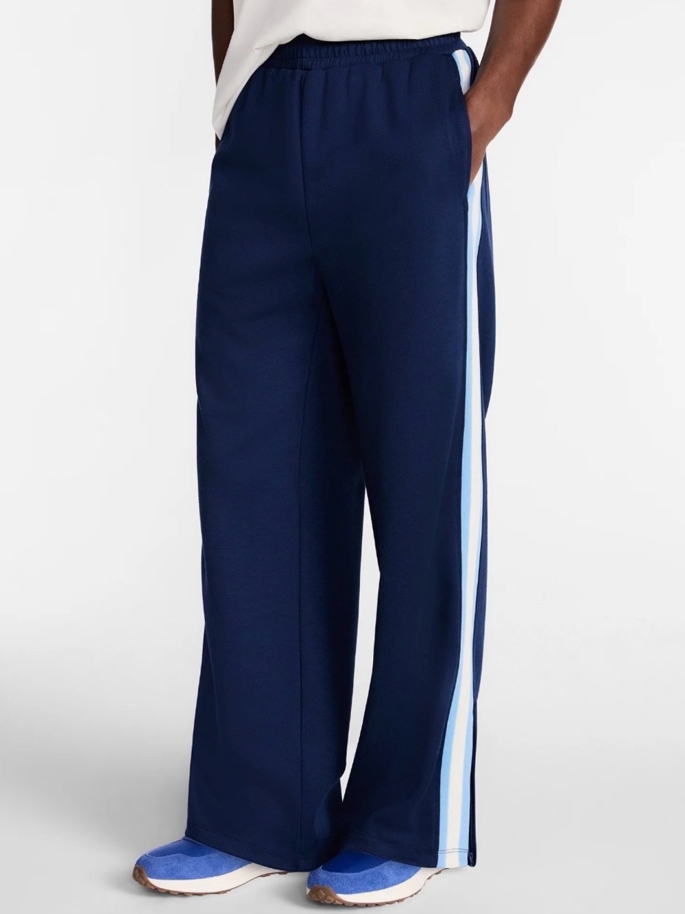 Navy Wide-Leg Track Pants with Light Blue Side Stripes